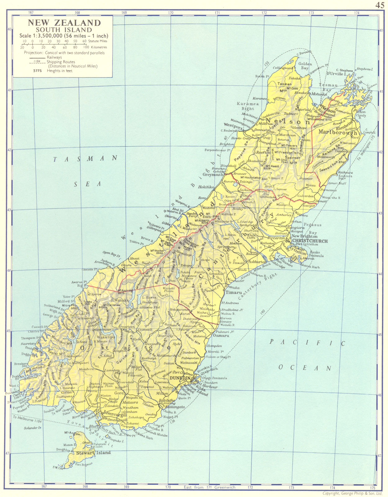 NEW ZEALAND. New Zealand; South Island 1962 old vintage map plan chart