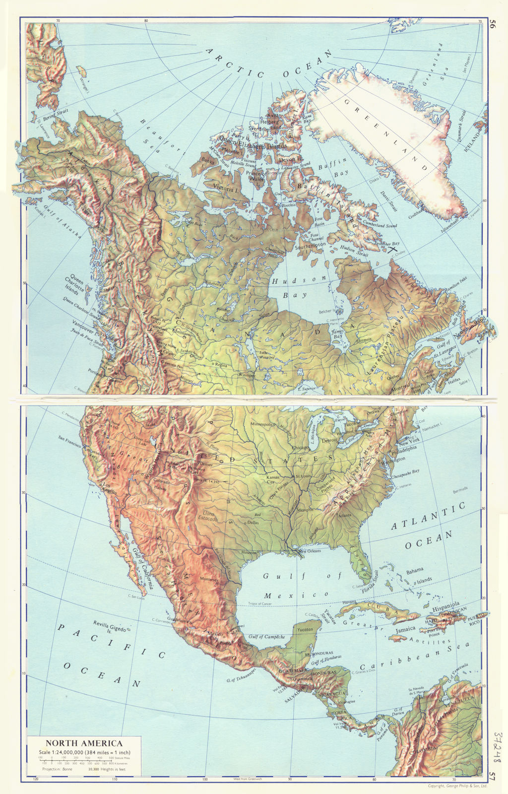 NORTH AMERICA. North America physical 1962 old vintage map plan chart