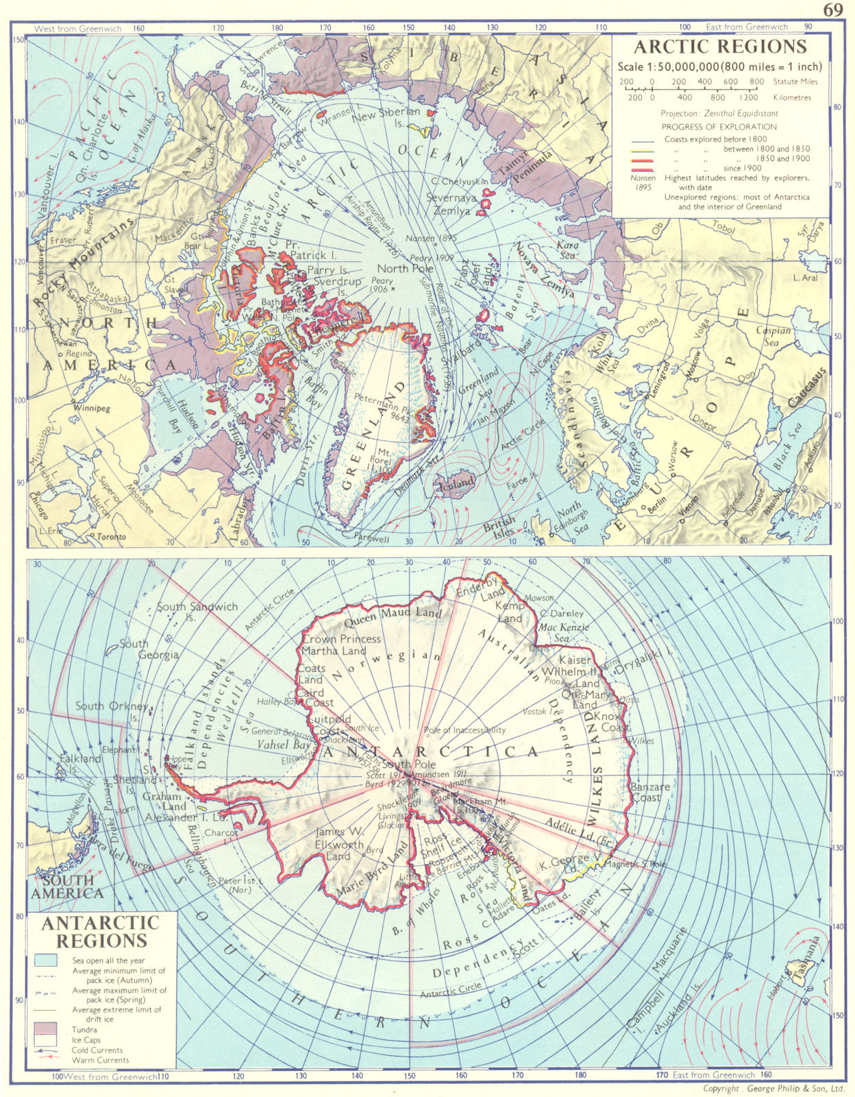 POLAR REGIONS. Arctic; Antarctic. exploration progress 1962 old vintage map