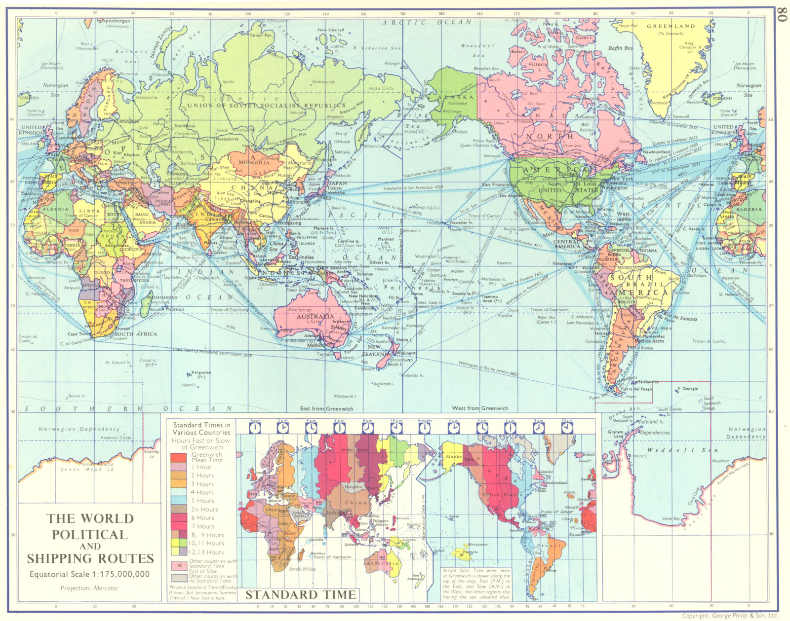WORLD. The World Political and Shipping Routes. Time zones 1962 old map