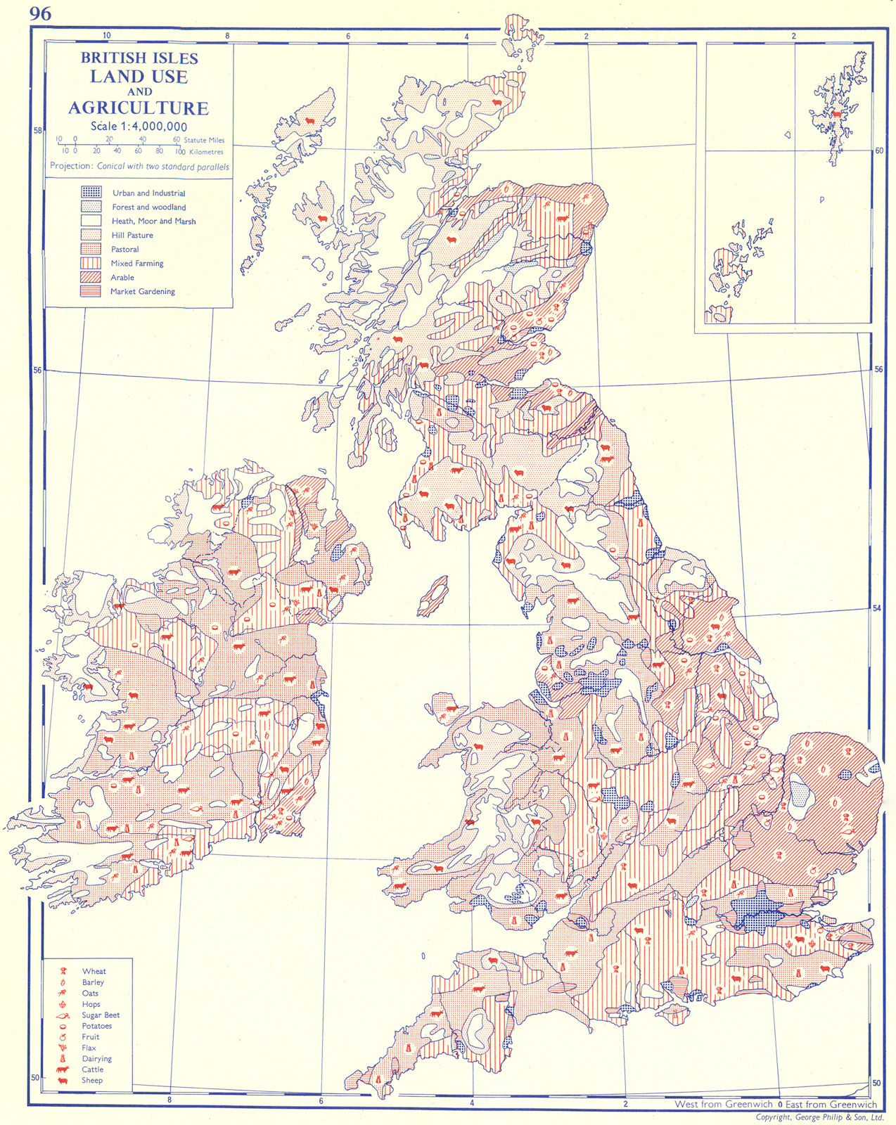 UK. British Isles; Land use and Agriculture 1962 old vintage map plan chart