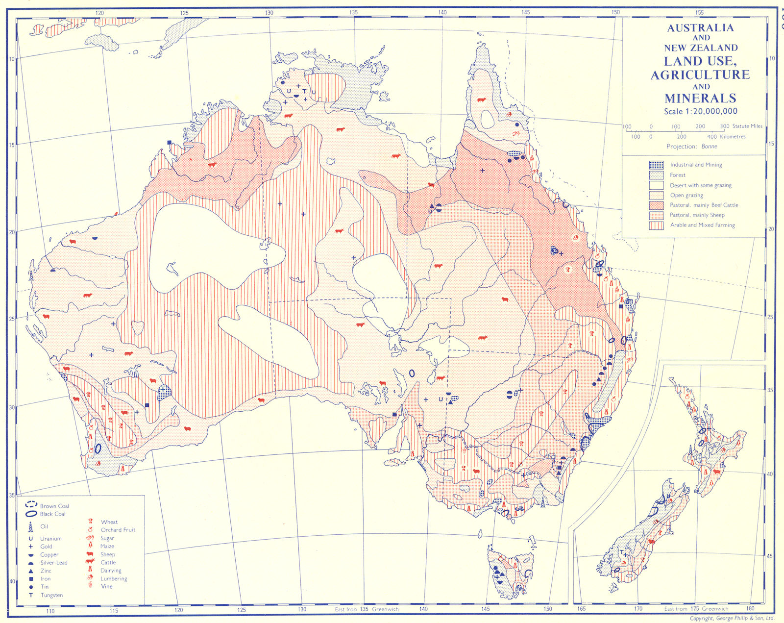 Associate Product AUSTRALIA. Australia and New Zealand; Land use, Agriculture & Minerals 1962 map