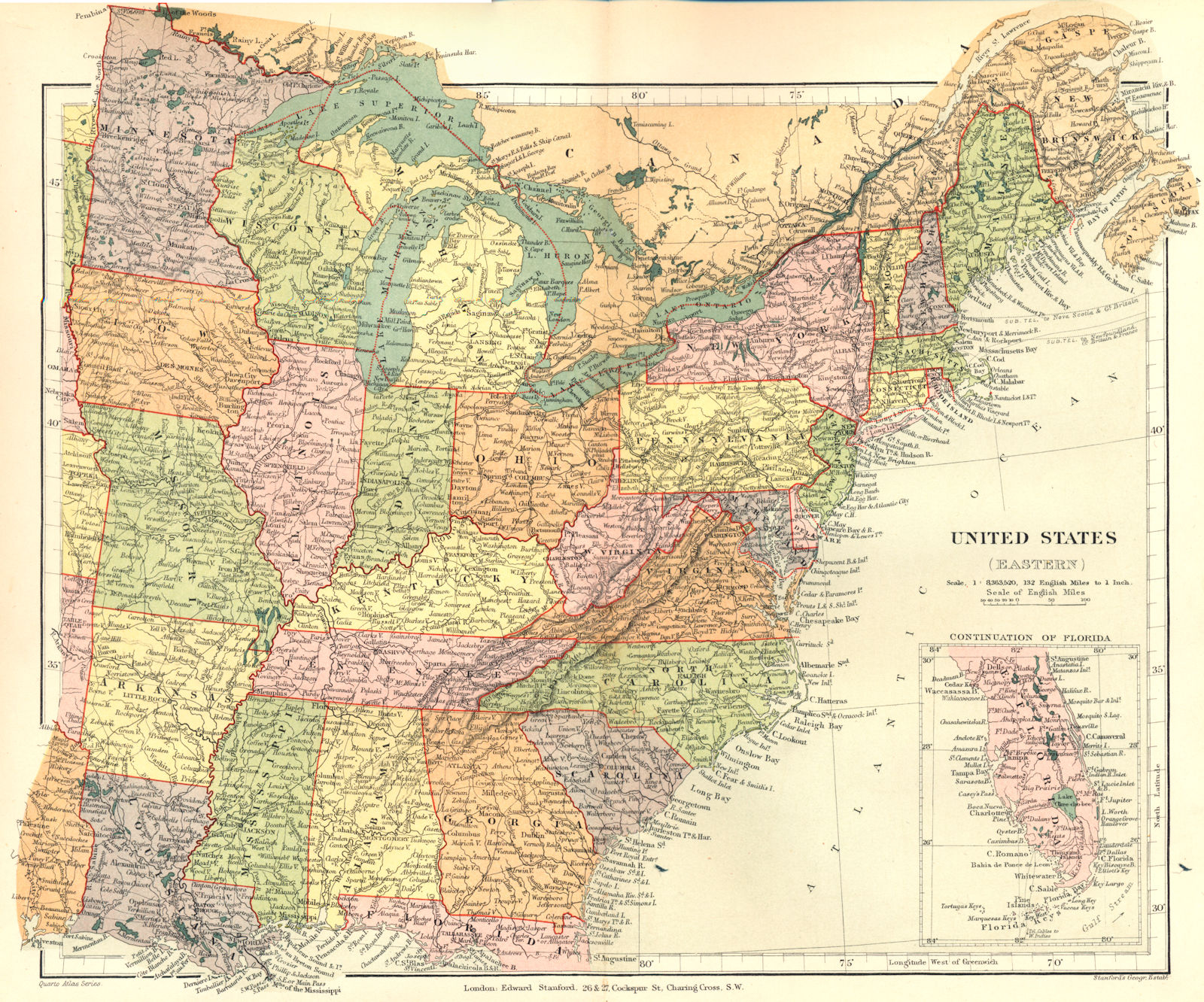 Associate Product USA. United States (Eastern) ; Inset Florida. Stanford 1892 old antique map