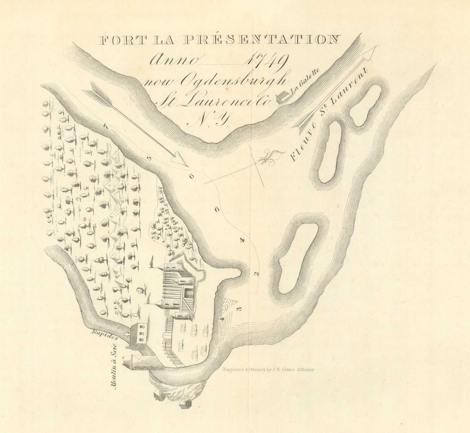 Fort la Présentation anno 1749 now Ogdensburg, New York 1849 old antique map