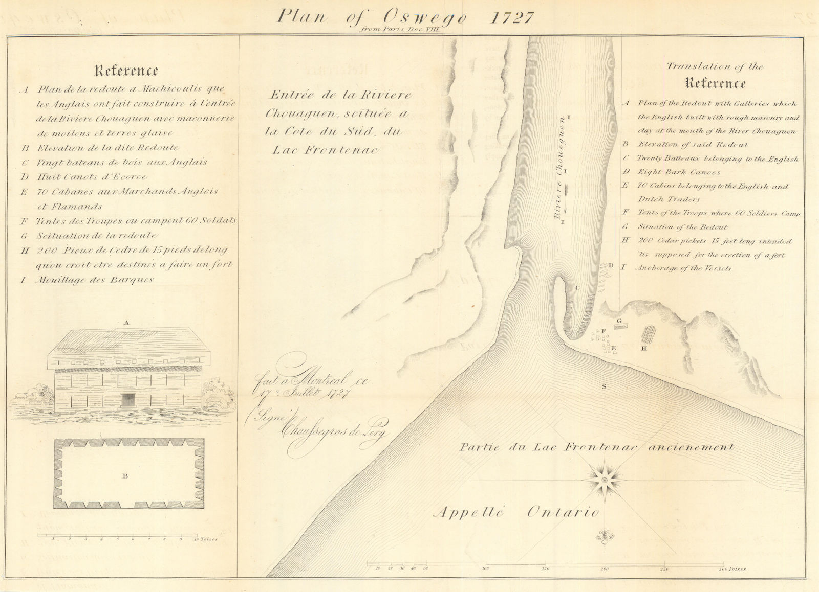 Associate Product Plan of Oswego in 1727. Riviere Choueguen. Lake Frontenac. New York 1849 map