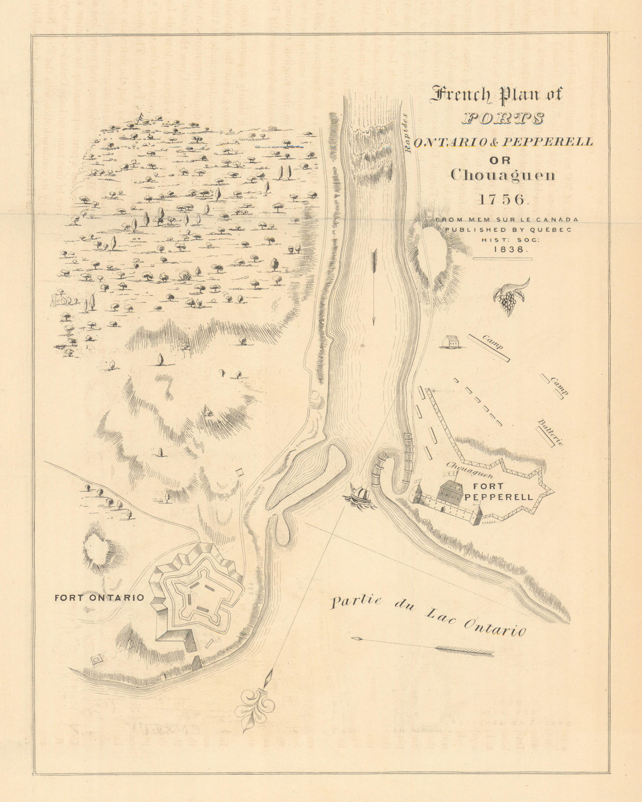 French plan of Forts Ontario & Pepperell [Chouaguen]. New York 1756 (1849) map