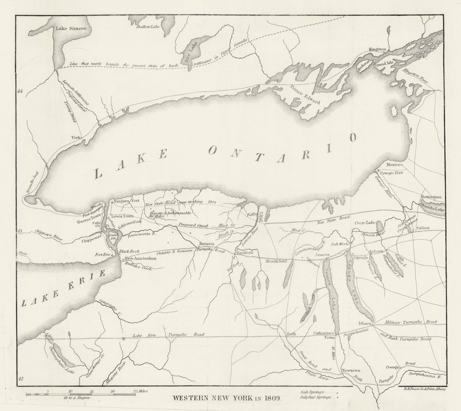 Western New York in 1809 by Richard Pease. Upstate Niagara Lake Ontario 1849 map