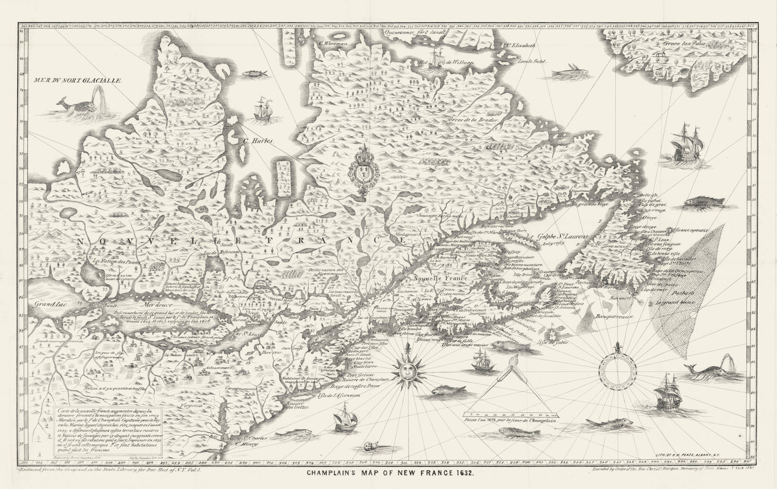 Associate Product Champlain's 1632 map of New France. Nouvelle France. Canada 1850 old