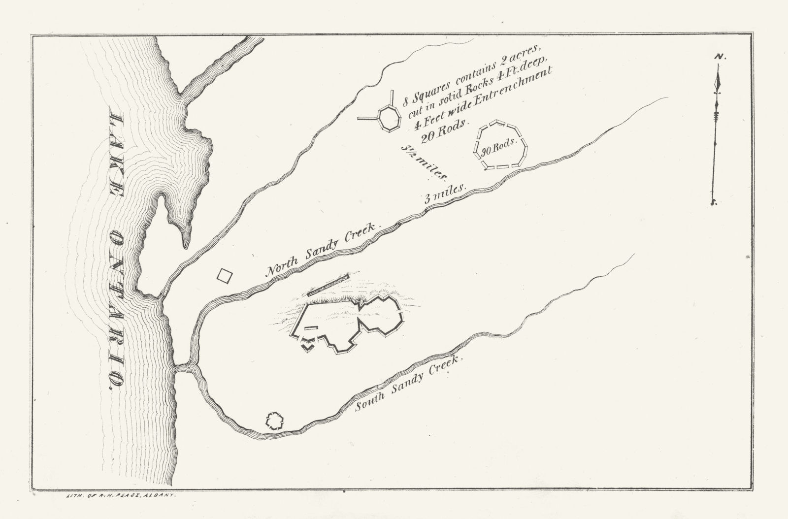 Associate Product Plan of a fort on Lake Ontario, New York. Sandy Creek. 1850 old antique map