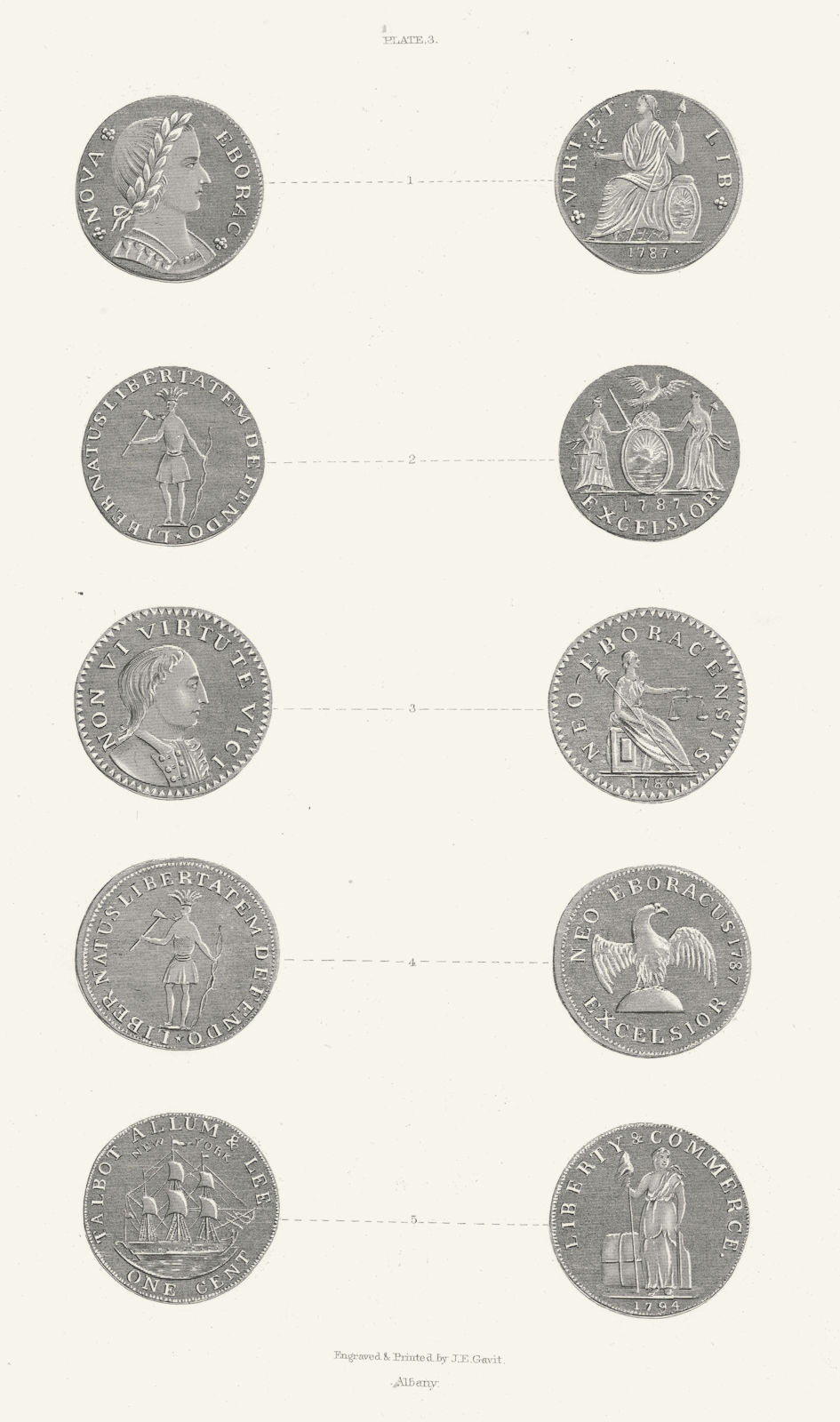 Associate Product New York tokens. Nova Eborac 1786-1794. Liberty & Commerce 1850 old print