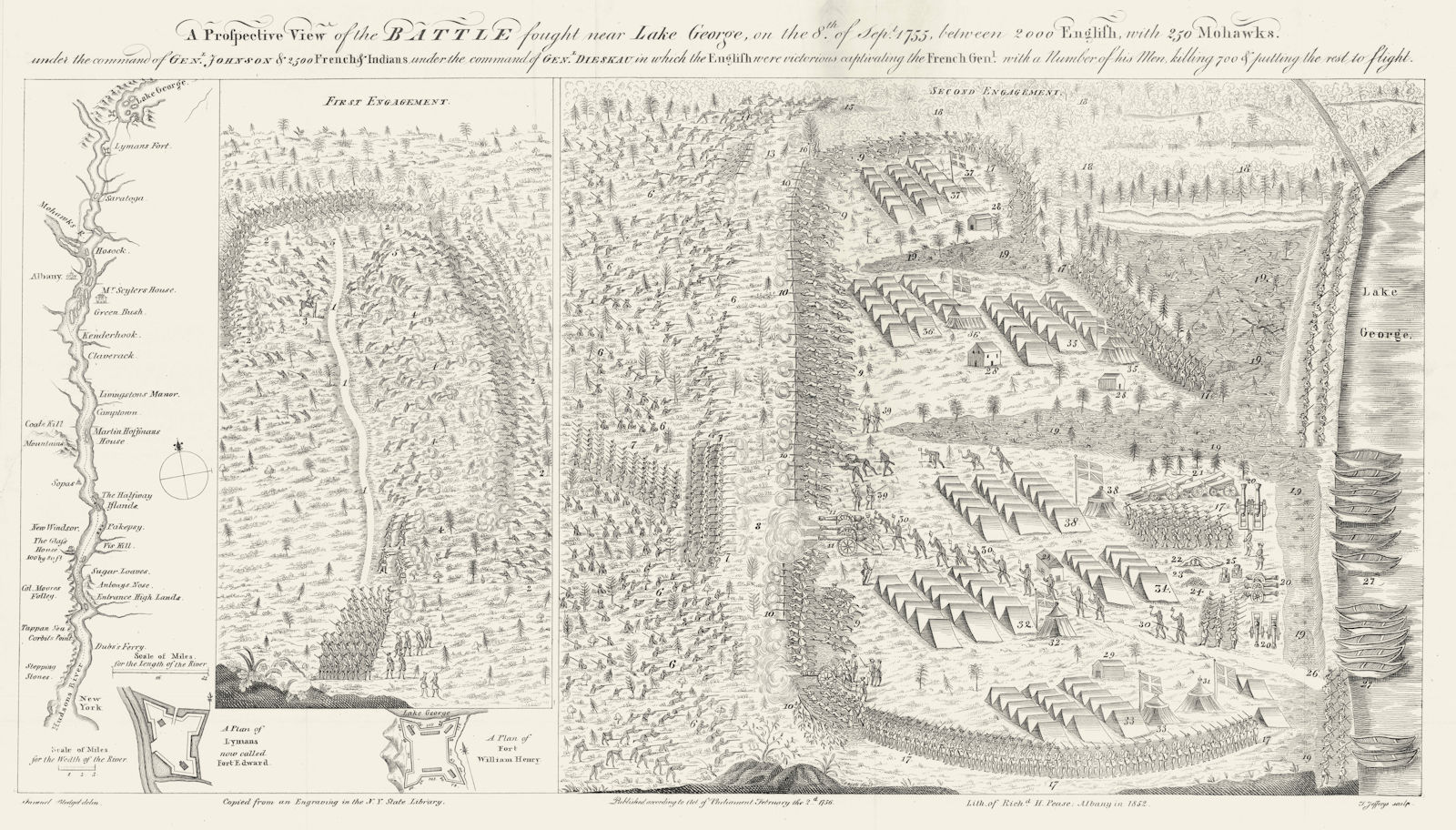 Battle of Lake George, Province of New York, 1755. Hudson map 1851 old