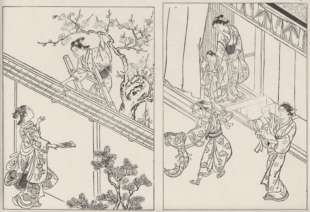 Associate Product JAPAN. Two Familiar Scenes. School of Sukenobu 1890 old antique print picture
