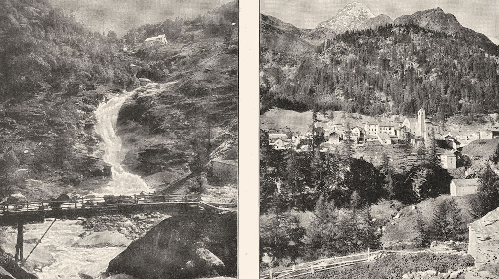 SWITZERLAND. Au Simplon. Cascade Près de Gondo; Village de Simplon 1900 print