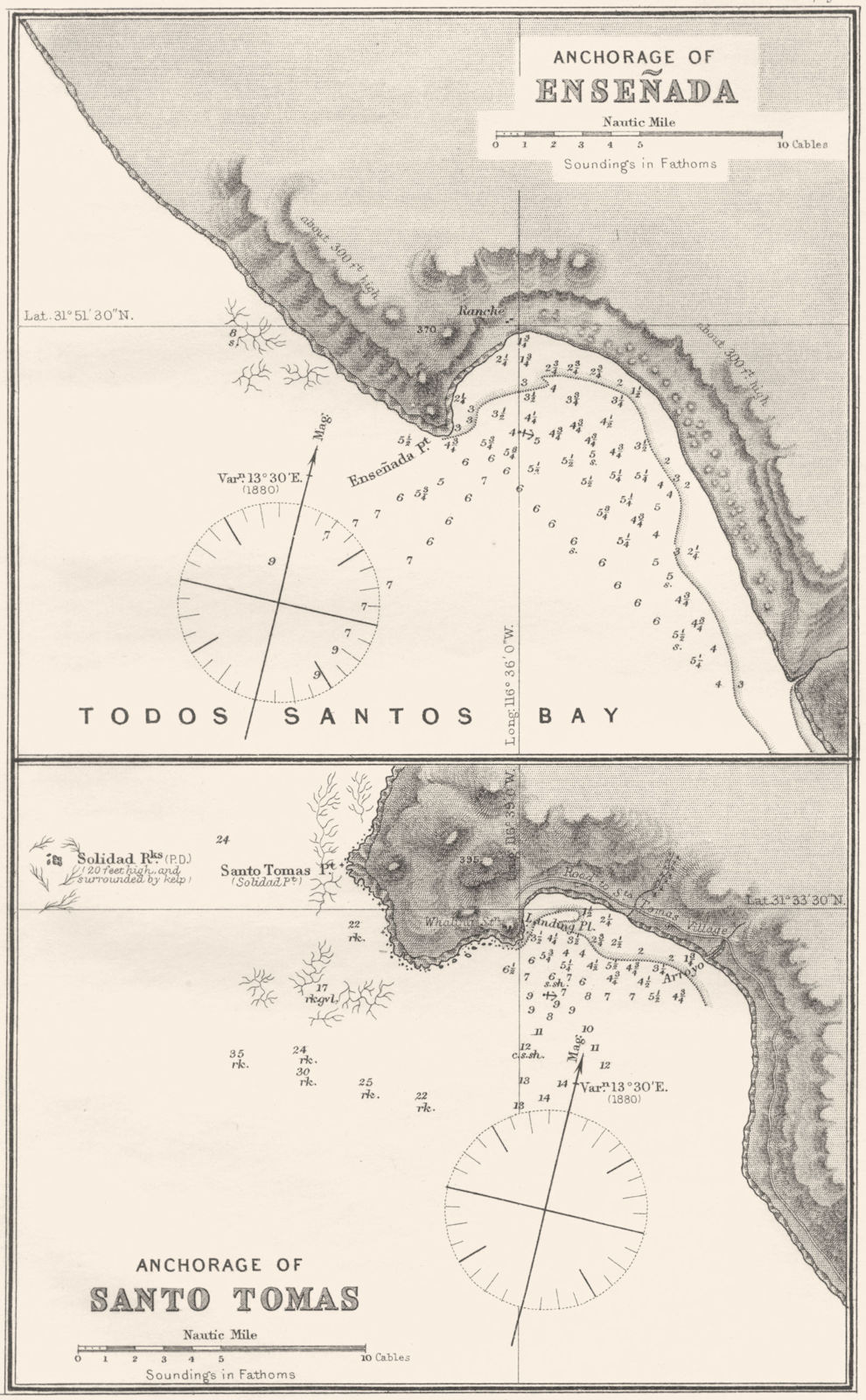 MEXICO. Sea chart of Anchorage of Ensenada; Anchorage of Santo Tomas 1881 map