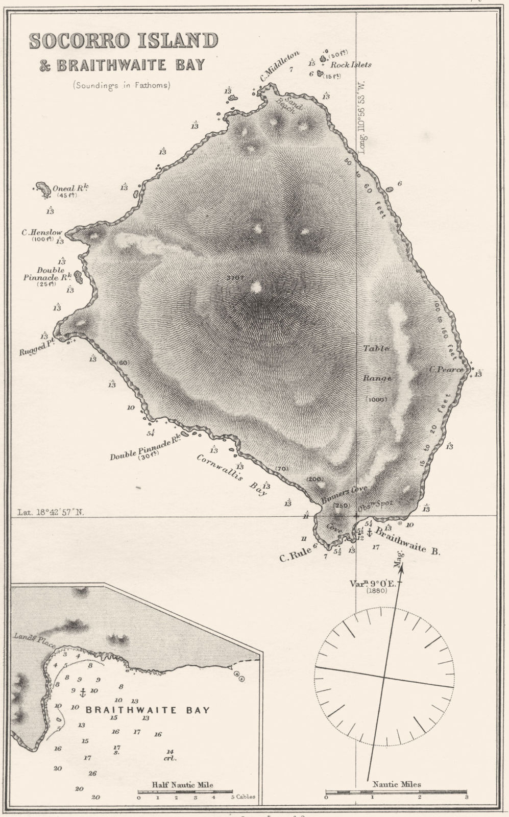 MEXICO. Sea chart Socorro Isle Braithwaite Bay (Soundings Fathoms)  1881 map