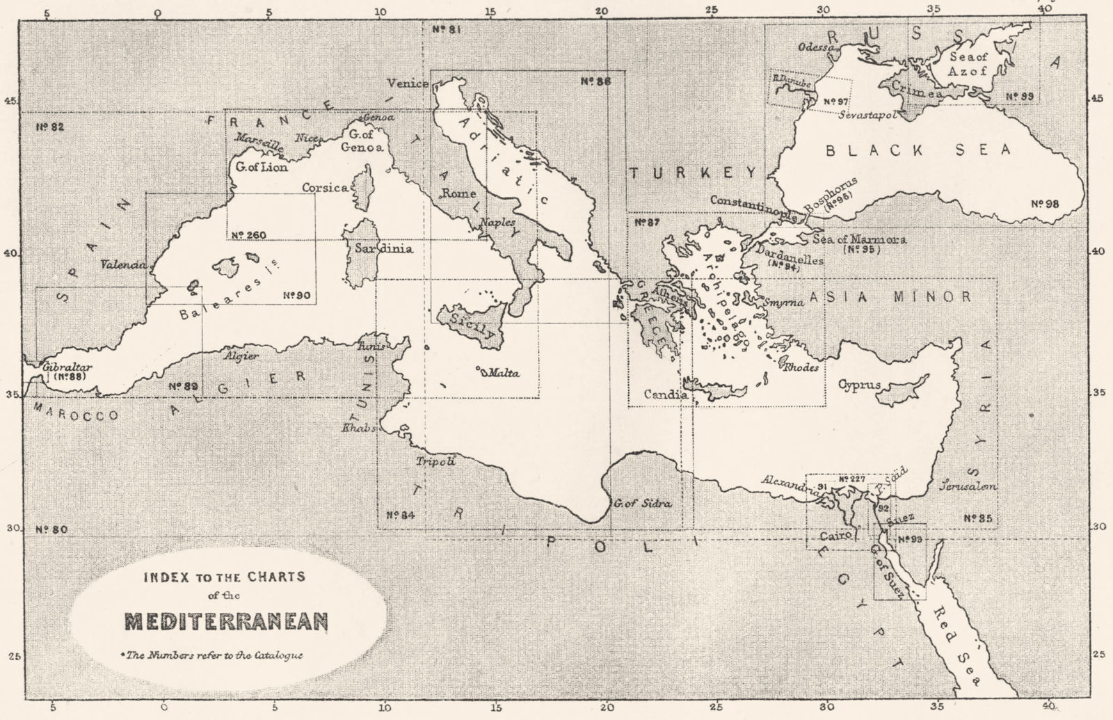 Associate Product EUROPE. Index to the Charts of the Mediterranean 1881 old antique map