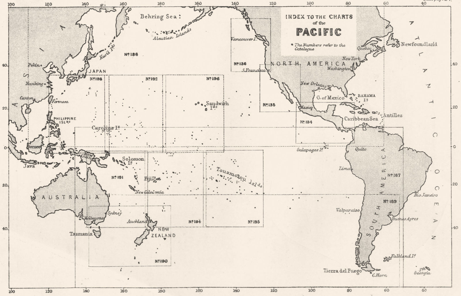 PACIFIC. Index to the Charts of the Pacific 1881 old antique map plan