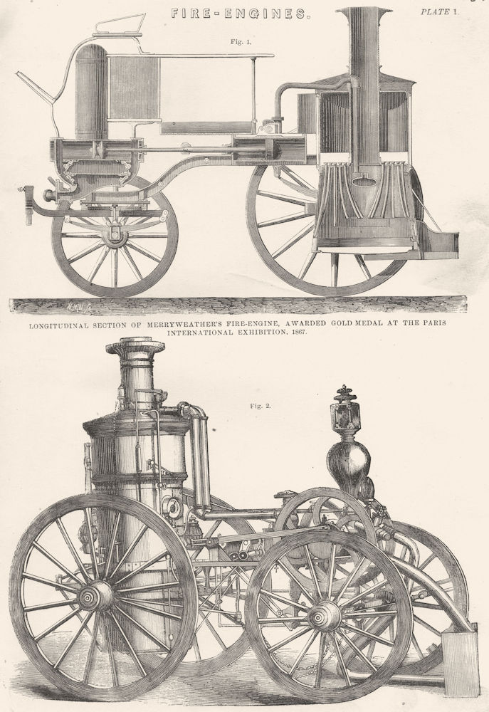 FIRE-ENGINES.Merryweather's Fire-engine,1867;American steam fire-engine 1880