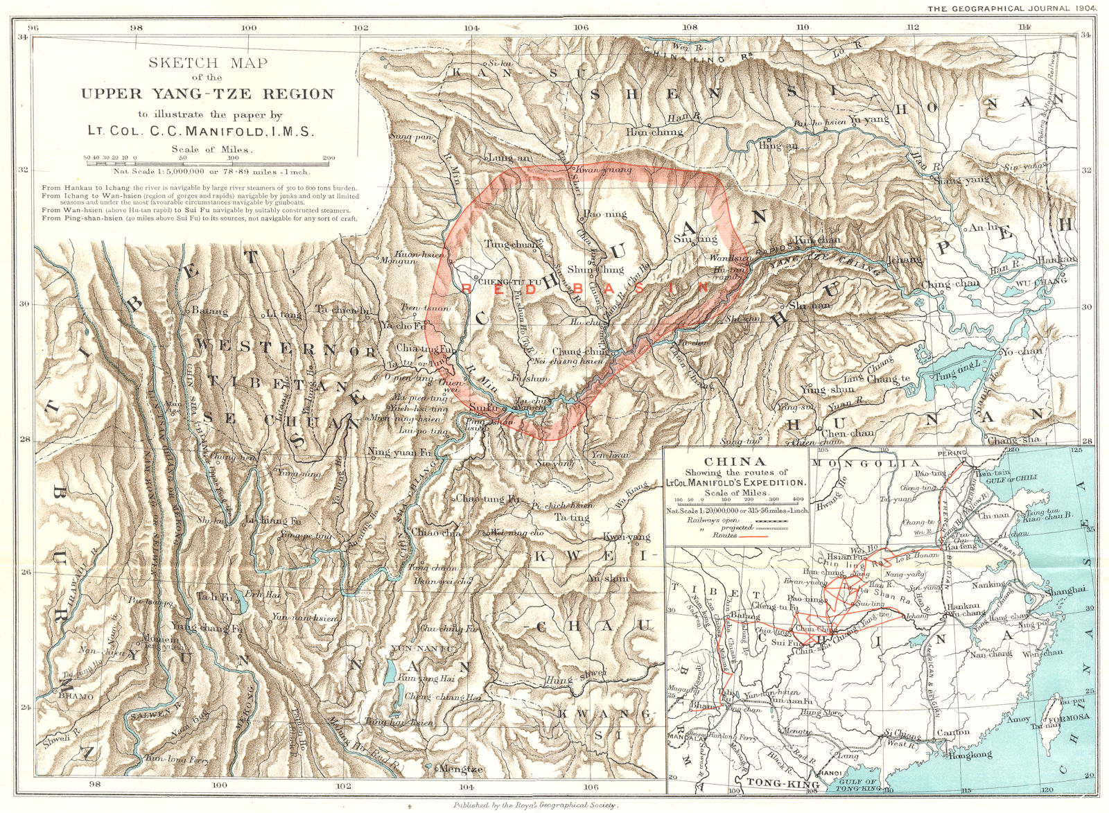 Associate Product CHINA. Upper Yang- Tze region; Lt. Col. Manifold's Expedition. RGS 1904 map