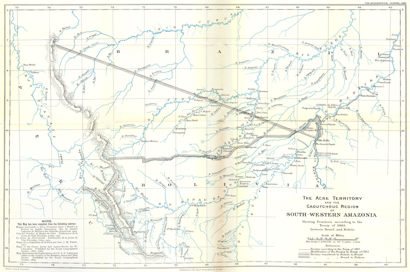 BRAZIL. Acre Terr. Caoutchouc S- W Amazonia; 1903 border Bolivia. RGS 1904 map