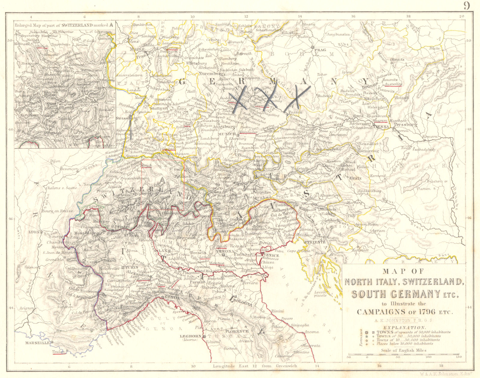Associate Product 1796 CAMPAIGN MAP. North Italy, Switzerland, South Germany 1848 old