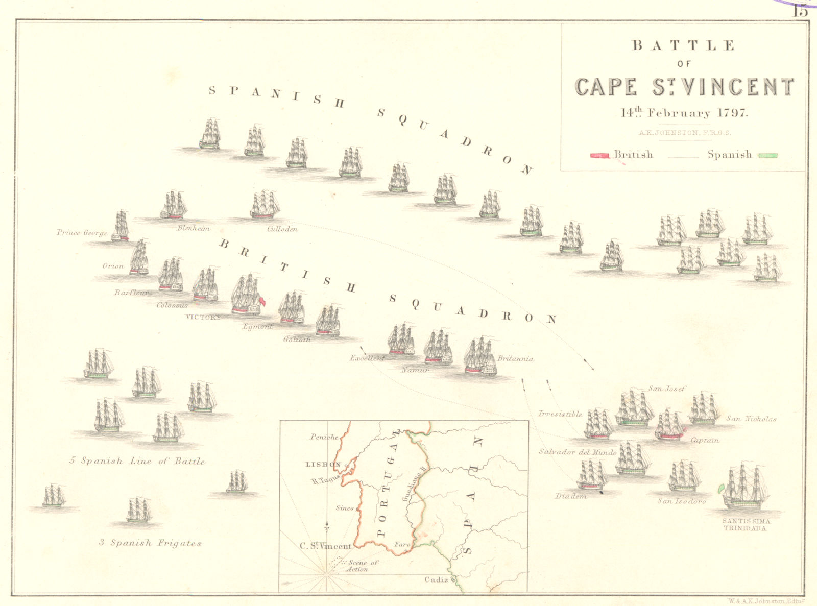 BATTLE OF CAPE ST VINCENT. 14th February 1797. Portugal 1848 old antique map