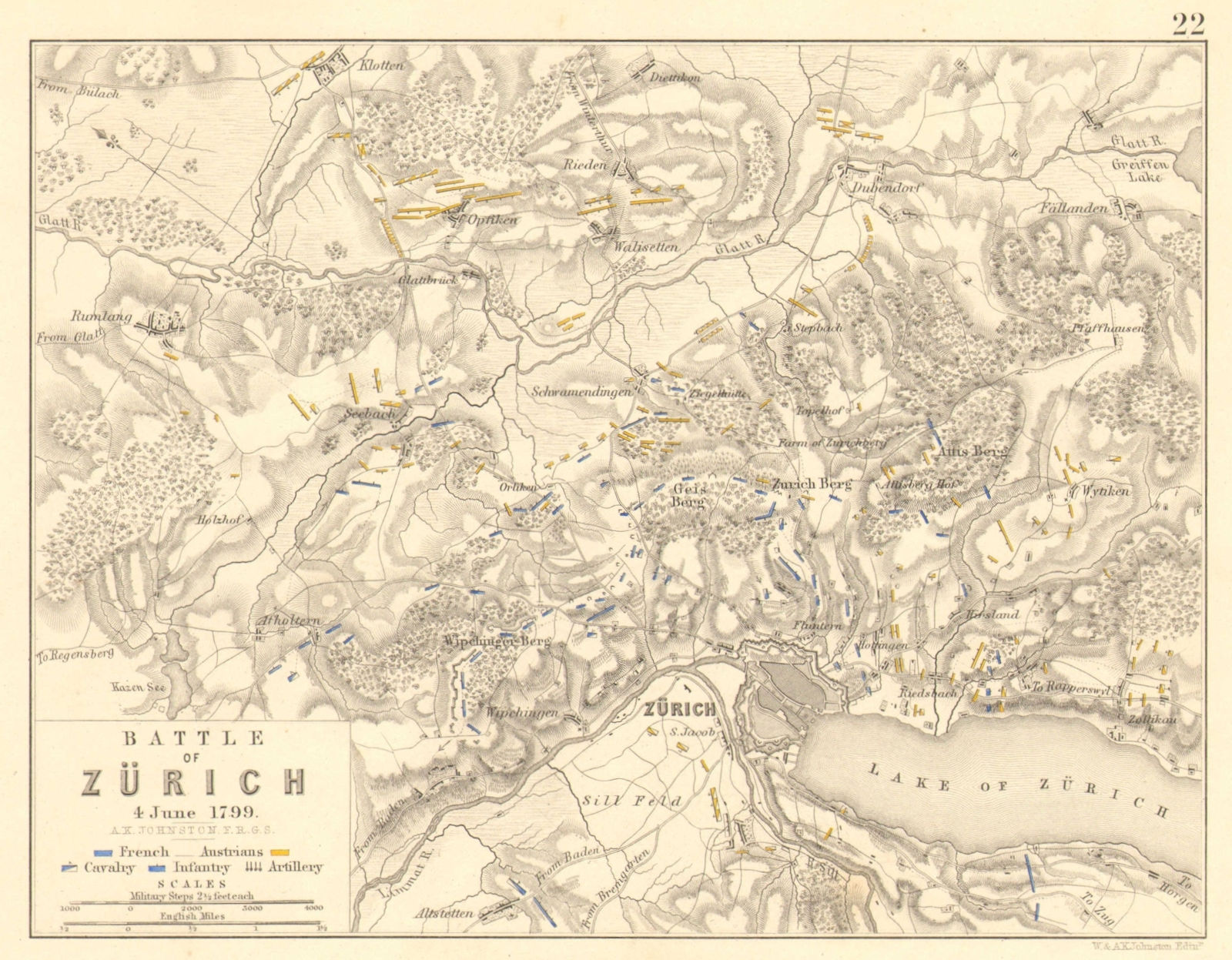 BATTLE OF ZÜRICH/ZURICH. 4th June 1799. Napoleonic Wars 1848 old antique map