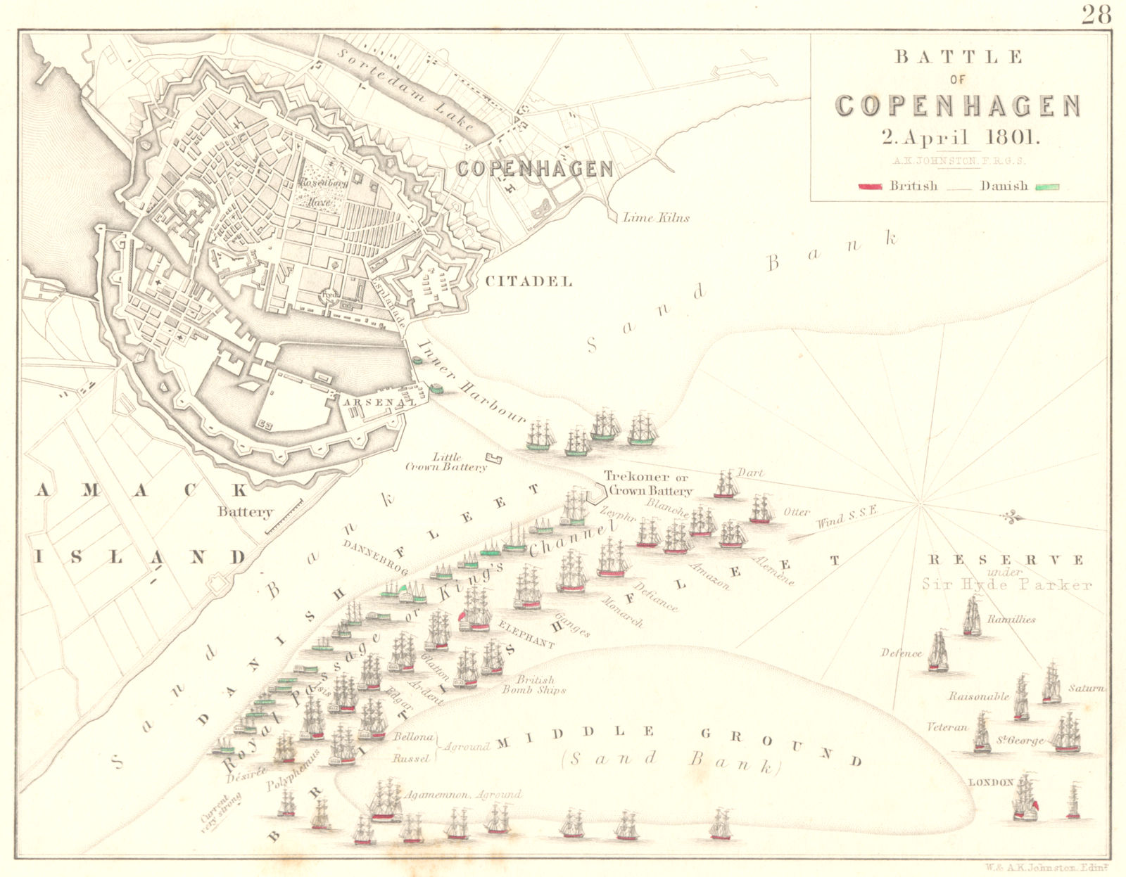 BATTLE OF COPENHAGEN. 2d April 1801. Denmark. Napoleonic Wars 1848 old map
