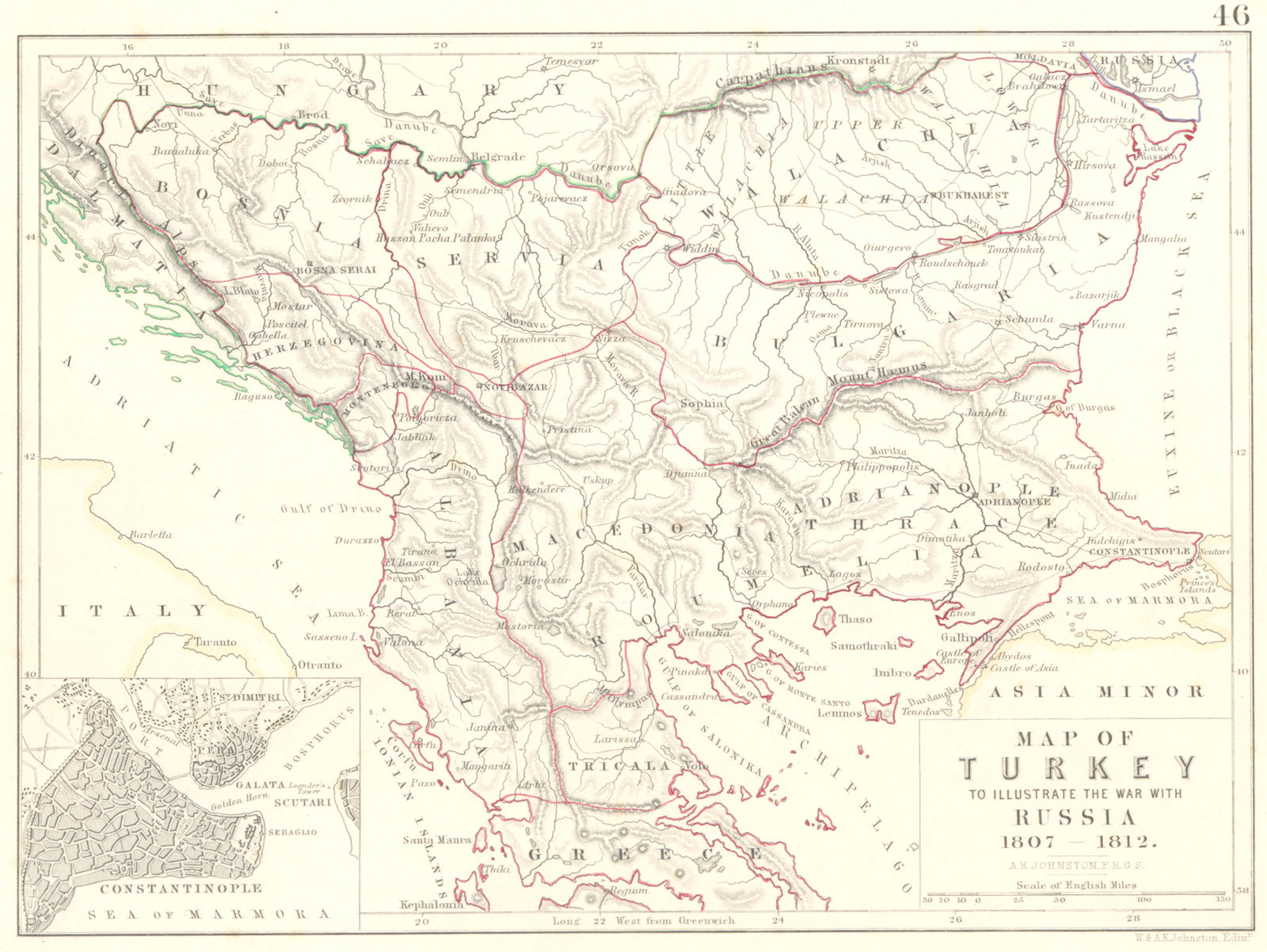 Associate Product TURKEY. Map to Illustrate the war with Russia 1807-1812. Balkans Greece 1848