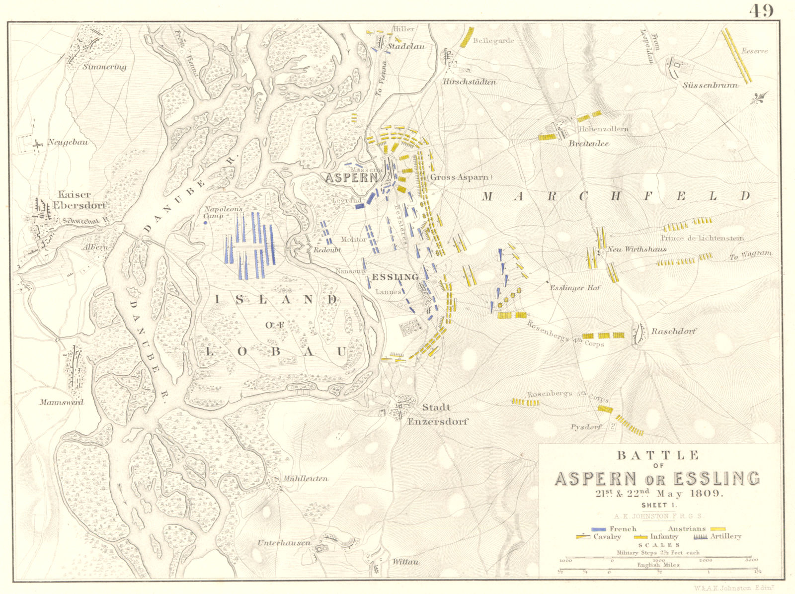 BATTLE OF ASPERN OR ESSLING. 21- 22nd May 1809 - sheet 1. Austria 1848 old map