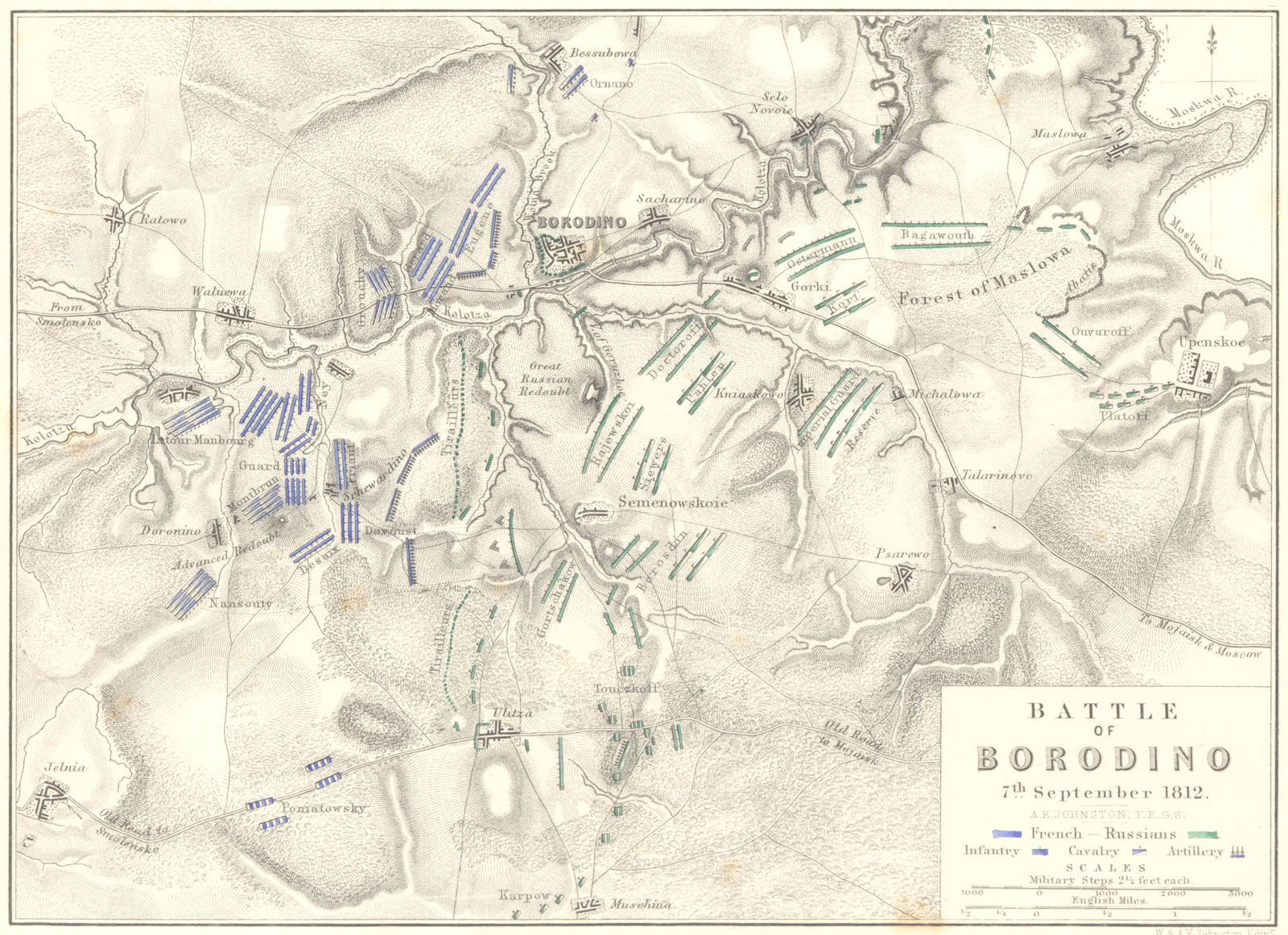 BATTLE OF BORODINO. 7th September 1812. Russia. Napoleonic Wars 1848 old map
