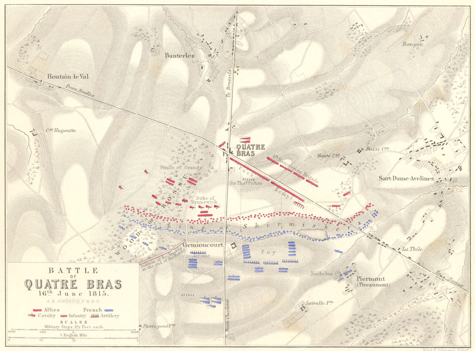 BATTLE OF QUATRE BRAS. 16th June 1815. Belgium. Napoleonic Wars 1848 old map