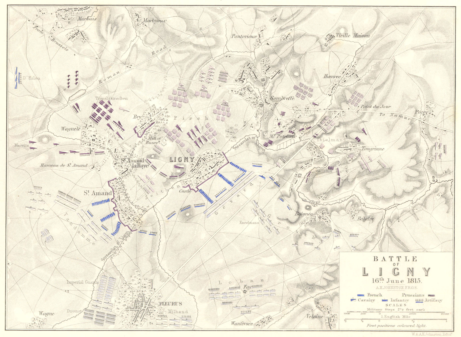 BATTLE OF LIGNY. 16th June 1815. Belgium. Napoleonic Wars 1848 old antique map