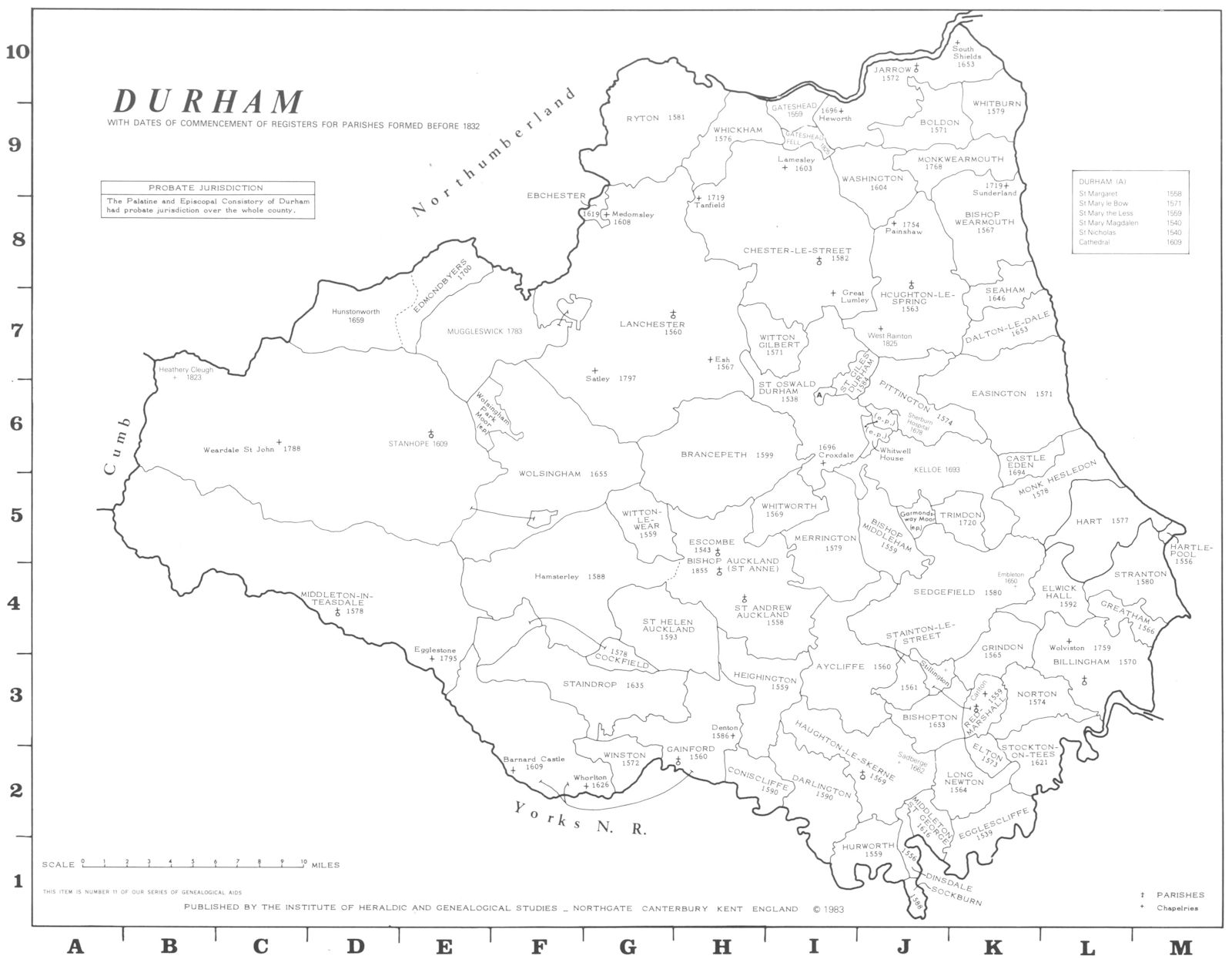 DURHAM. Parishes.Register start date. Ecclesiastical jurisdictions 1984 map