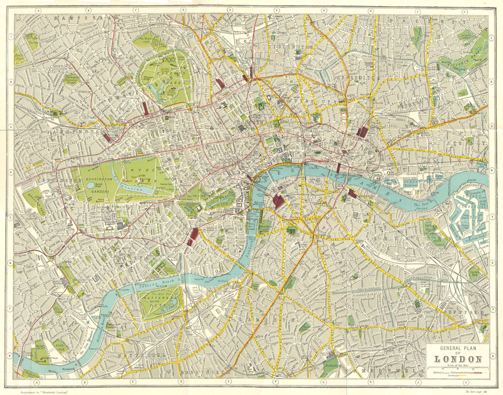 LONDON. General plan of London 1926 old vintage map chart