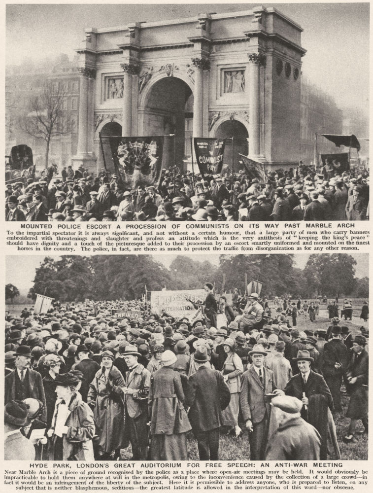 Associate Product HYDE PARK SPEAKERS CORNER.Police escort communists Marble Arch;Anti-war mtg 1926