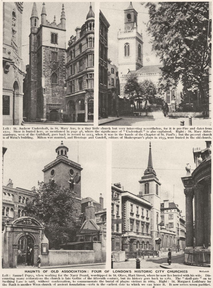 Associate Product CITY CHURCHS.St Andrew Undershaft.Mary Aldermanbury.Olave.Margaret Lothbury 1926