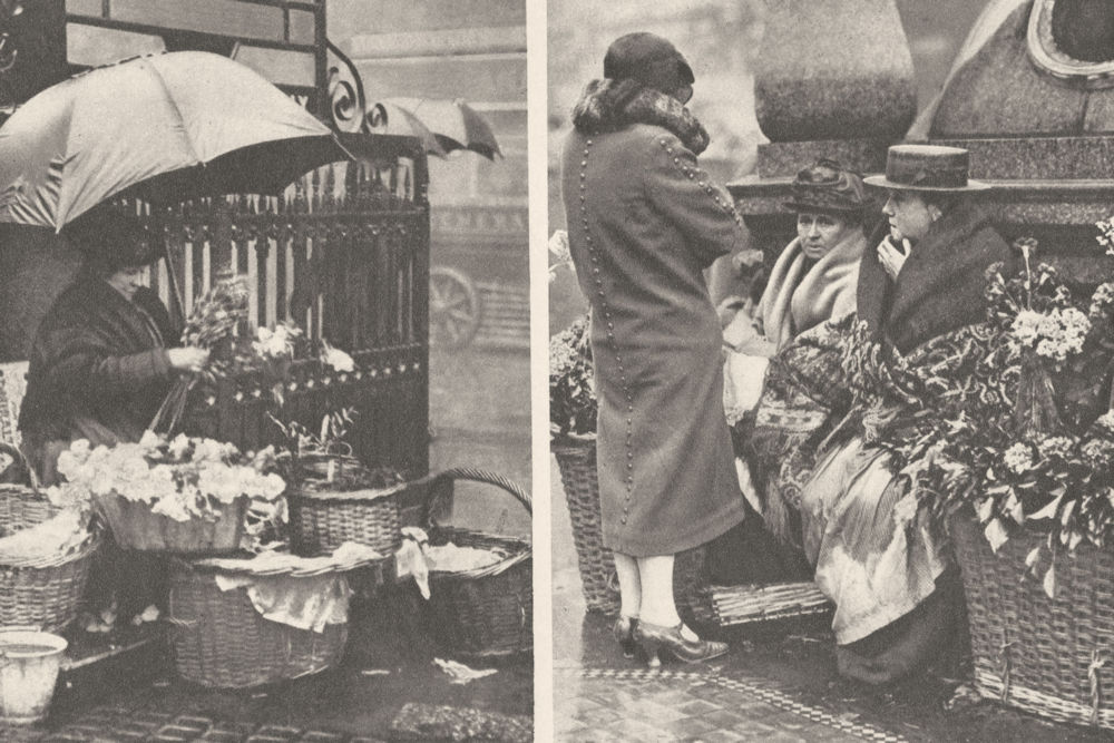 Associate Product LONDON. Rain and shine on the Vivid flower Baskets at Piccadilly Circus 1926