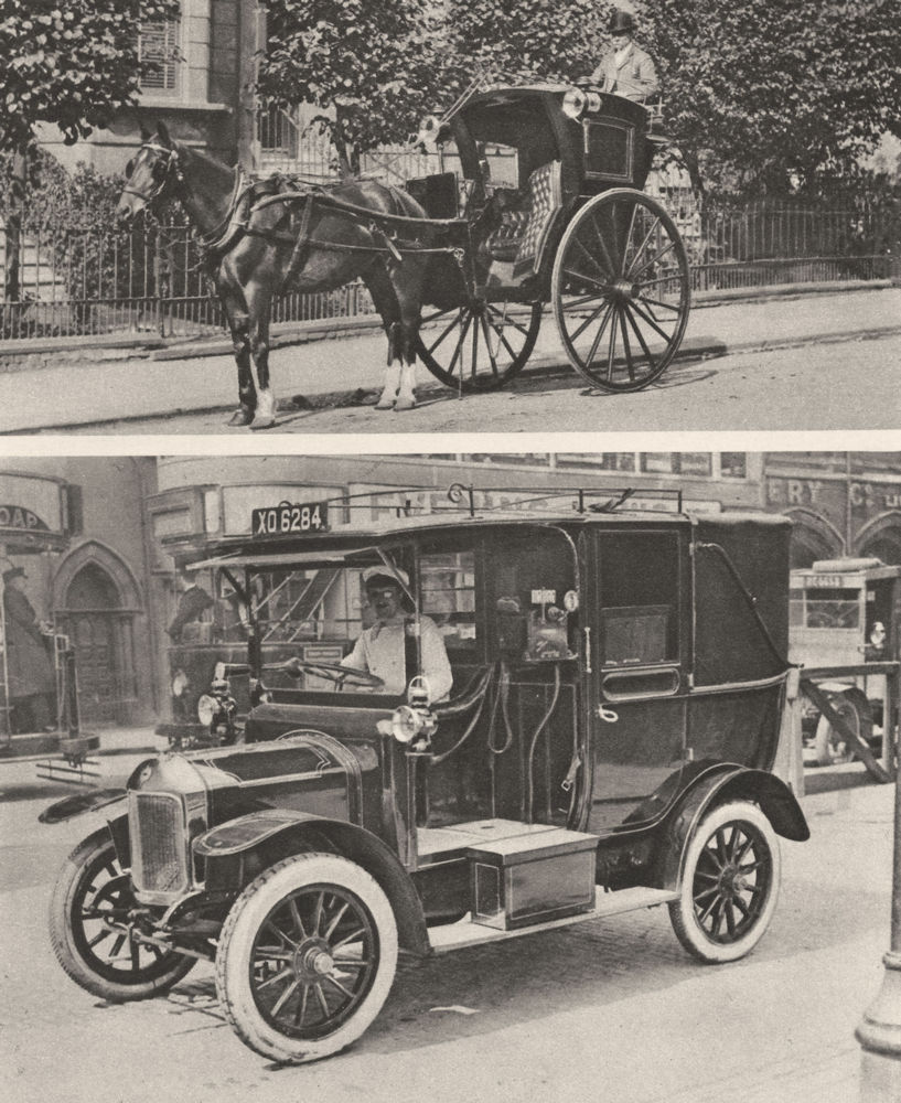 Associate Product LONDON TAXIS. One of the last Hansoms and the new cab that killed them 1926