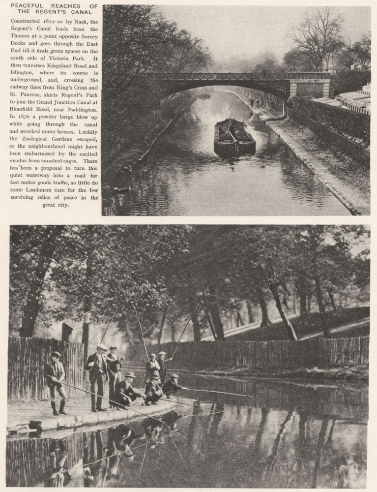 Associate Product LONDON. Peaceful reaches of the Regent's Canal. Fishing. Barge 1926 old print