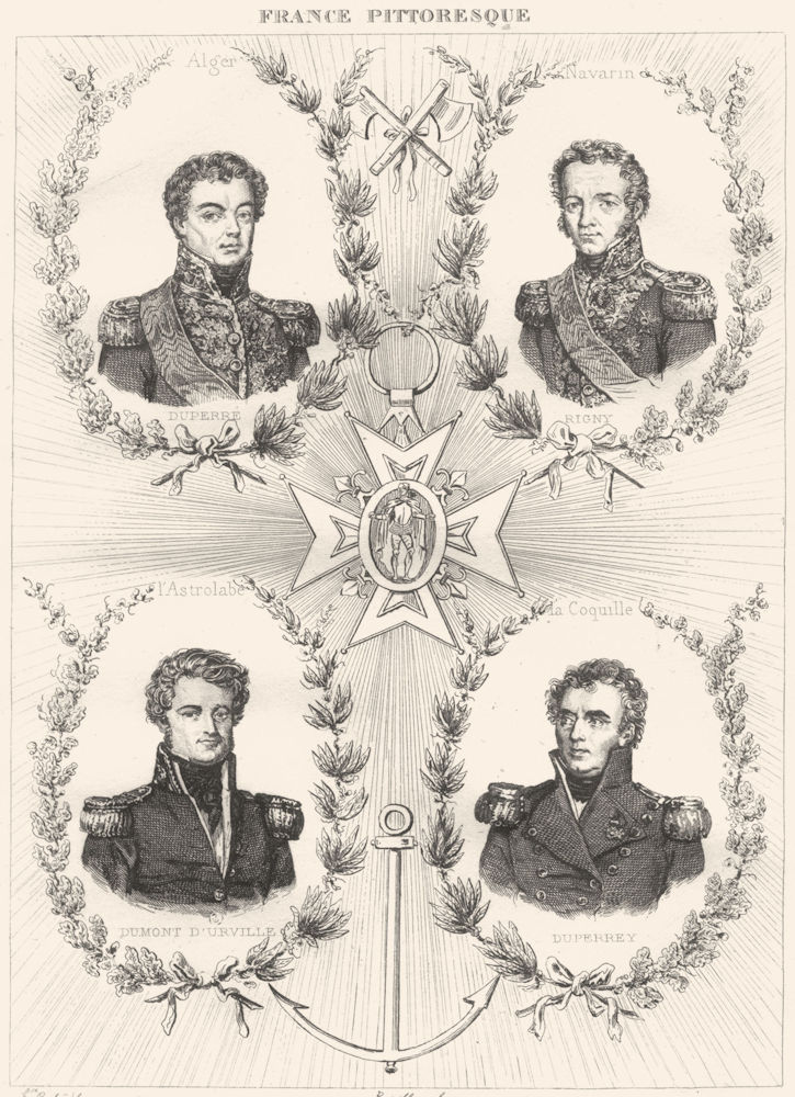 FRANCE. Duperre; Rigny; Dumont D' Urville; Du Perrey 1835 old antique print