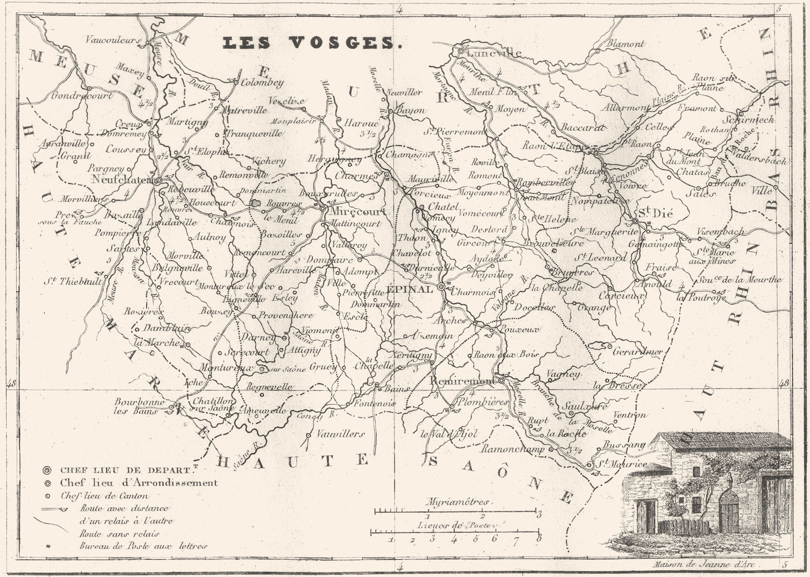 VOSGES. Département des Vosges 1835 old antique vintage map plan chart