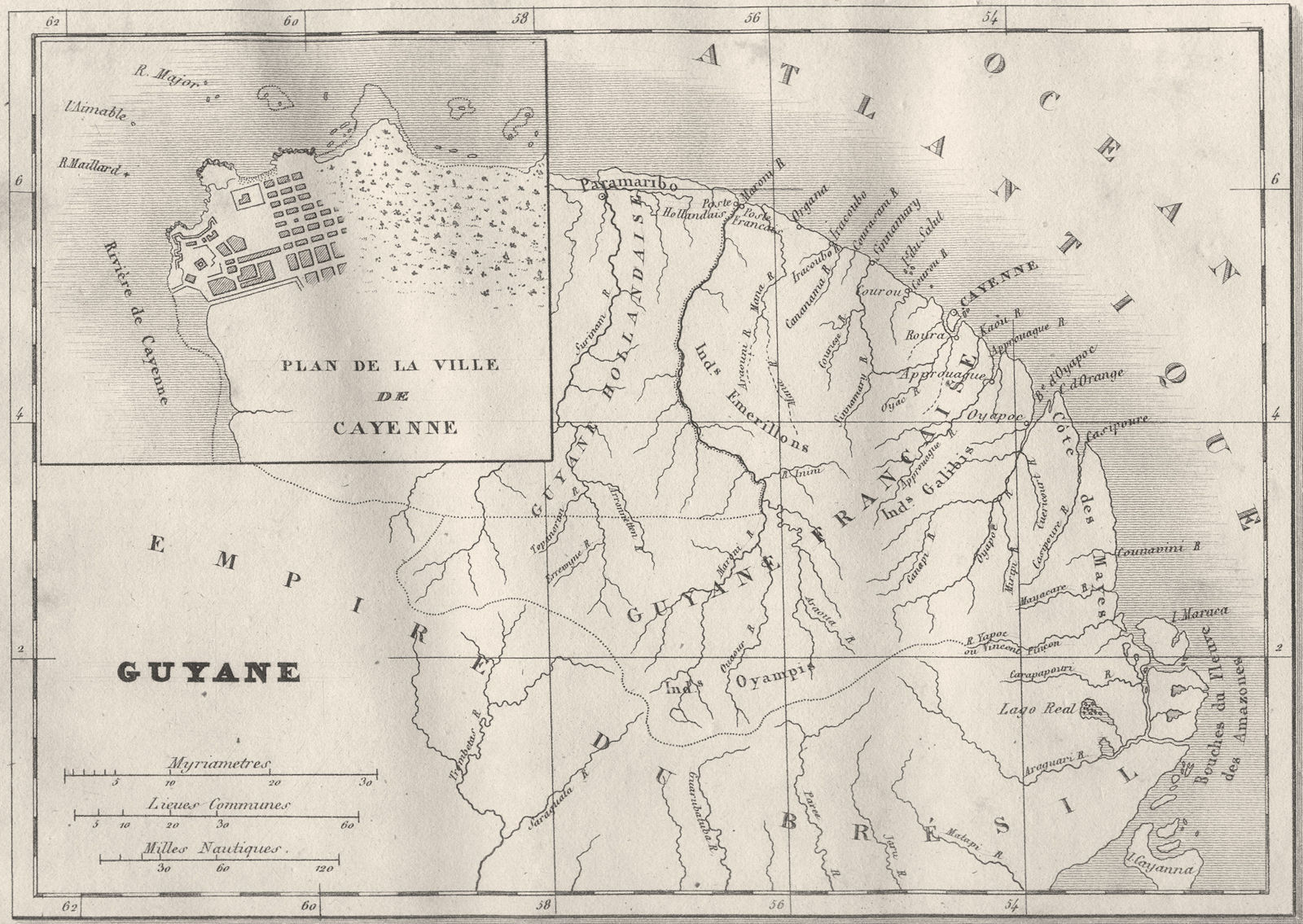 GUYANA. Guadeloupe. Guyane; Inset map of Plan de la Ville de Cayenne 1835