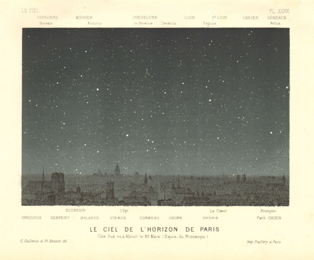 PARIS. Southern Night Sky, Midnight March 22.Spring equinox 1877 old print