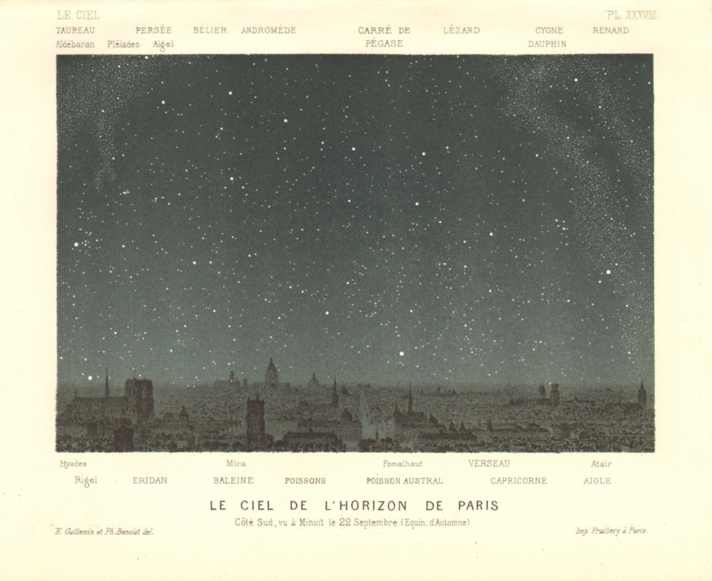 Associate Product PARIS. Southern Night Sky, Midnight September 22. Autumn equinox 1877 print