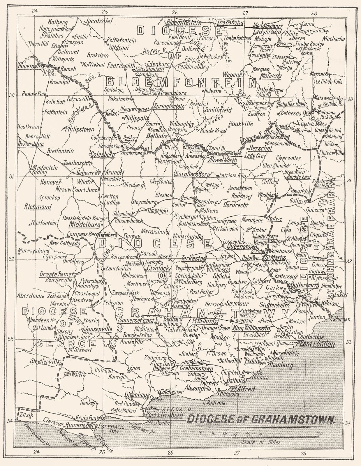 SOUTH AFRICA. Diocese of Grahamstown; Mission stations Anglican 1922 old map