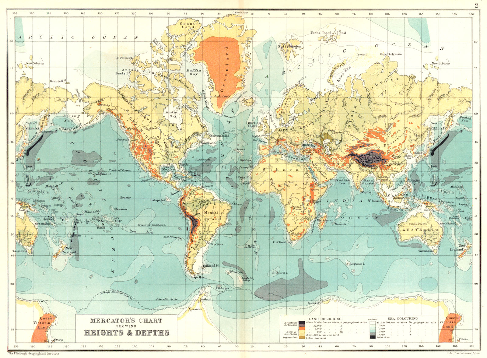 WORLD. Mercator's Chart showing heights & depths 1909 old antique map