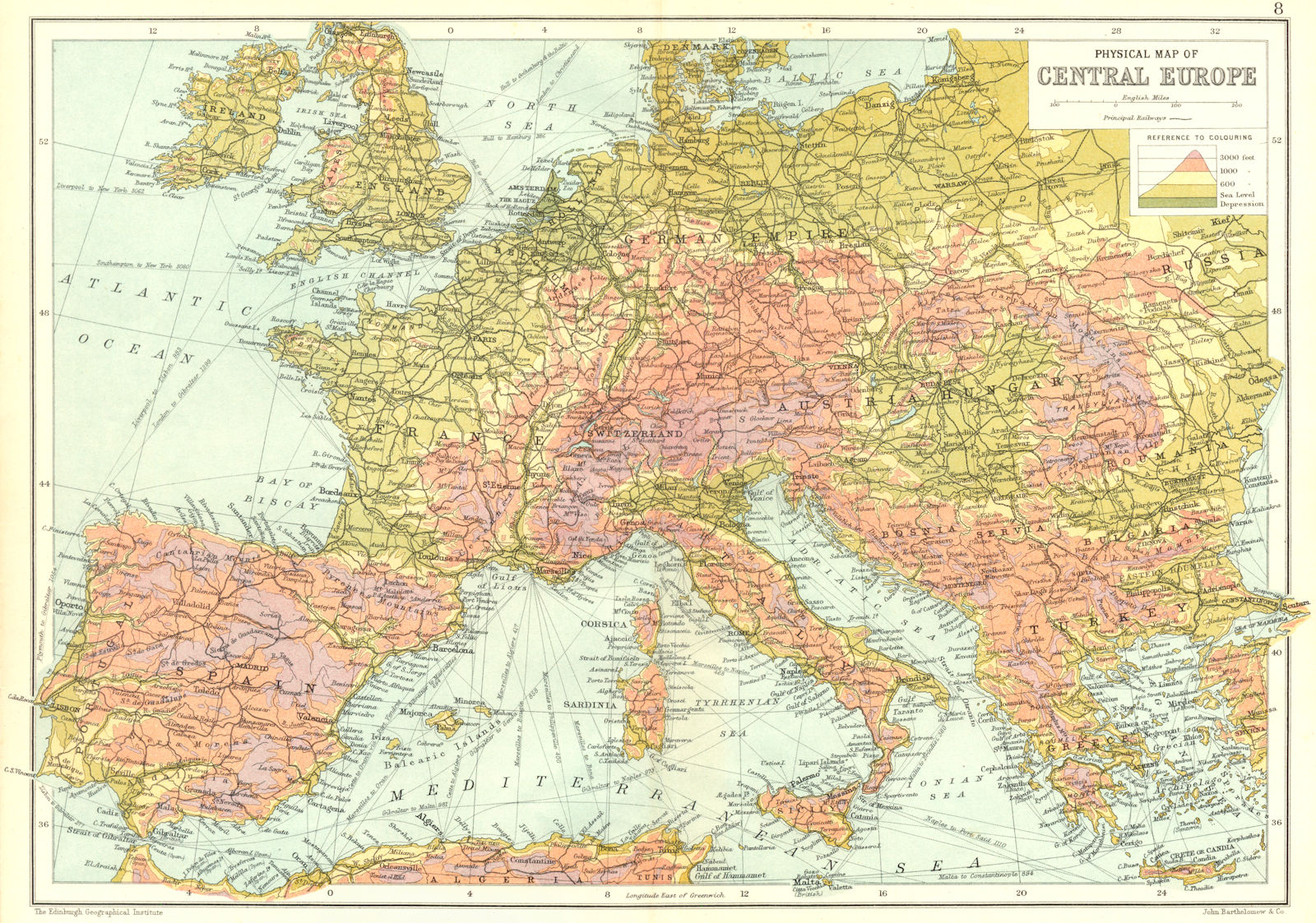 EUROPE. Physical map of Central Europe. Elevation Altitude 1909 old