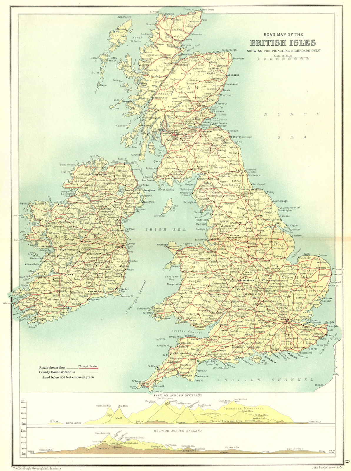 Associate Product BRITISH ISLES. Road map. Main roads. Sections across Scotland & England 1909