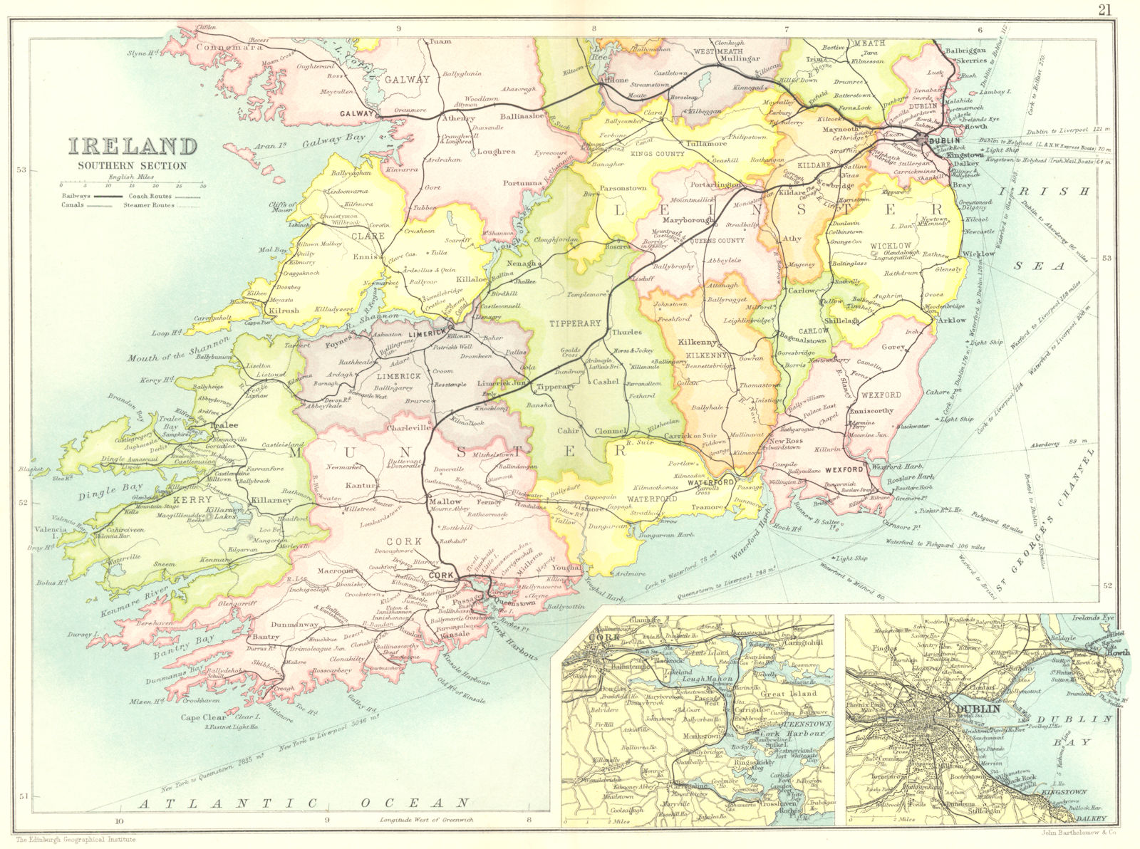 Associate Product IRELAND SOUTH. Munster Leinster;Cork Dublin. Counties railways canals 1909 map